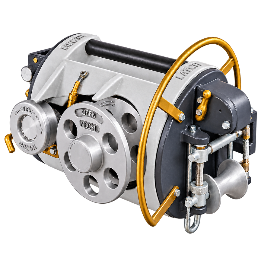MECSIL Cable Lasher Heavy Duty with aluminum reels and aluminum traction pulleys – front view