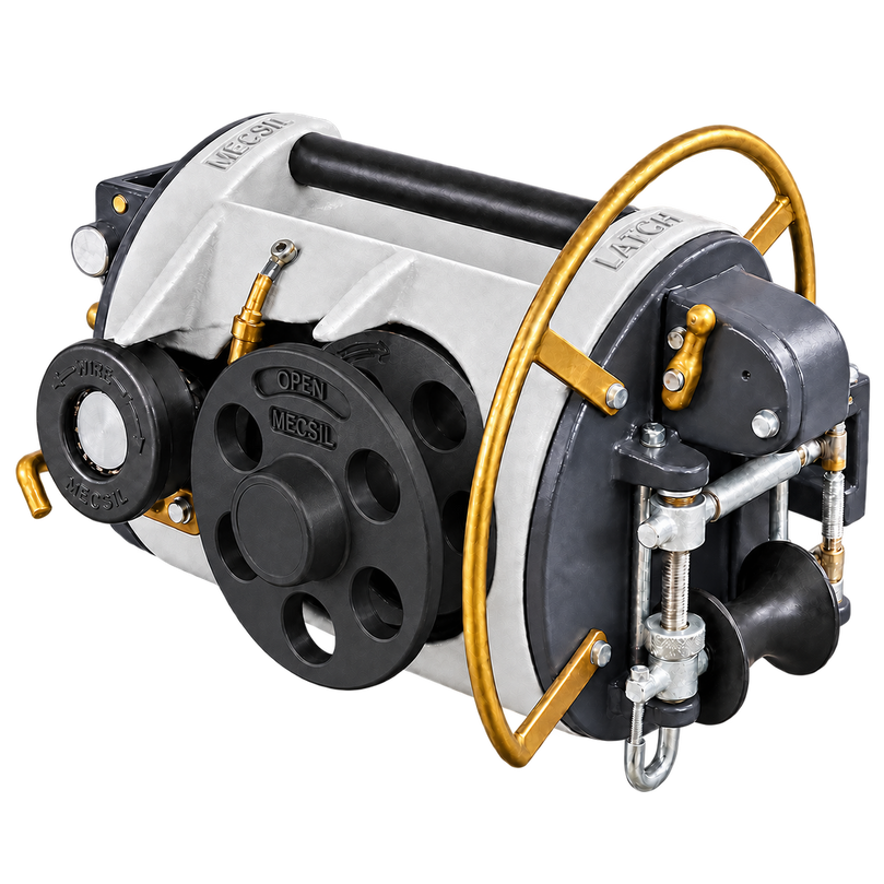 MECSIL Cable Lasher Standard with nylon reels and nylon traction pulleys – three-quarter view